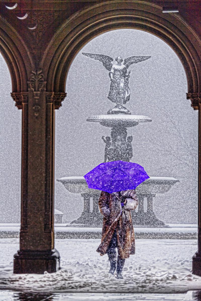 Mitchell Funk Bethesda fountain Central Park in Snow With Purple Umbrella