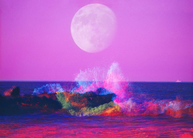 Mitchell Funk Big Moon over Magenta Sea Pink Crashing Wave at New Jersey Shore