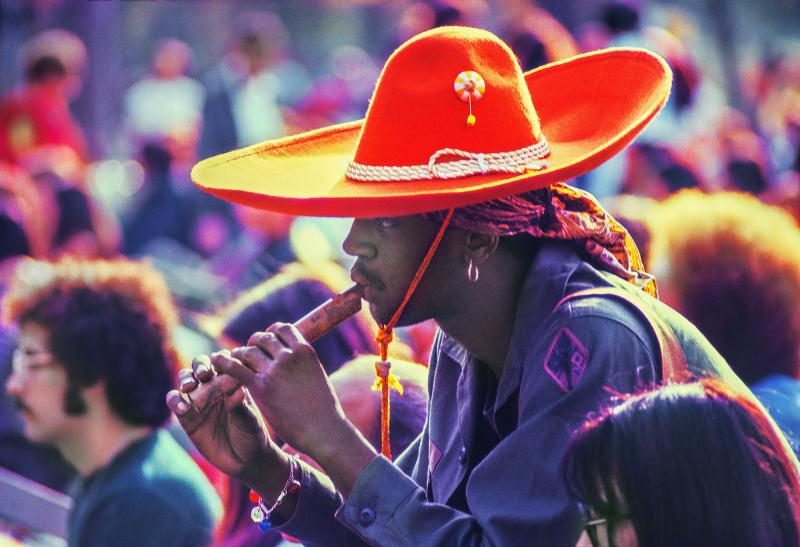 Mitchell Funk Black Hippie Red Sombrero n Flute Central Park Music Festival 60s Celebration