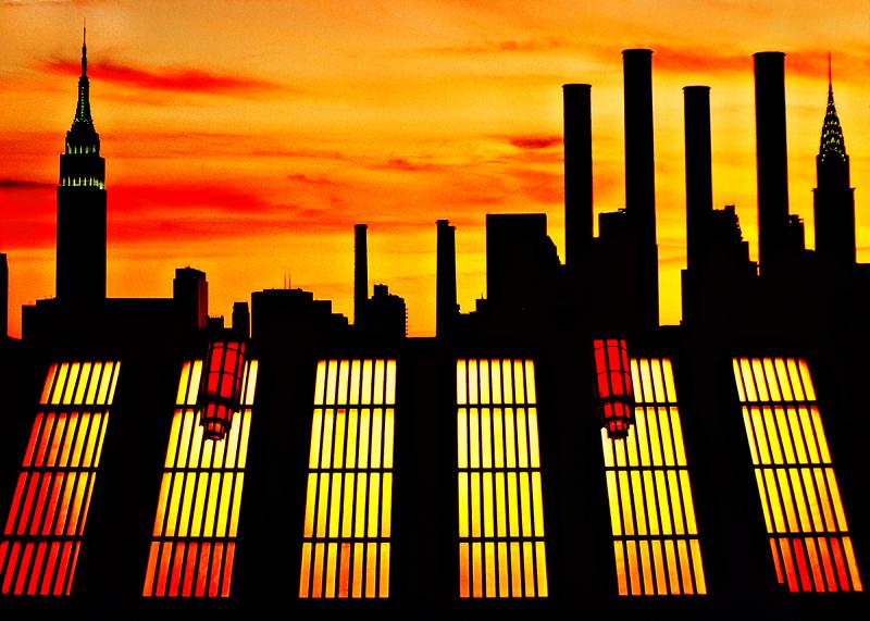 Mitchell Funk Chrysler Building at Sunset New York Skyline in Silhouette with Orange Sky