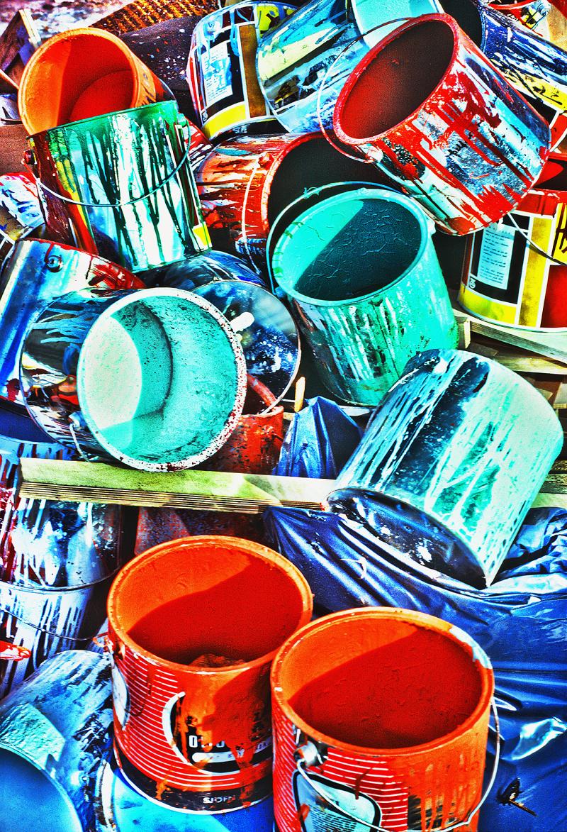 Mitchell Funk Colorful Paint Cans in Red Orange Blue and Turquoise