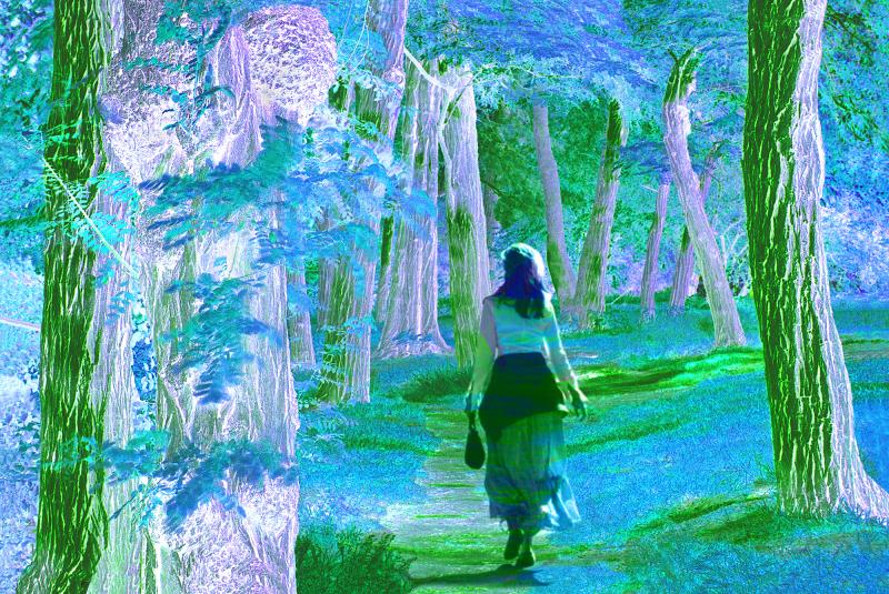Mitchell Funk Dream Landscape Woman Strolls in Fantasy Forest of Blue Green