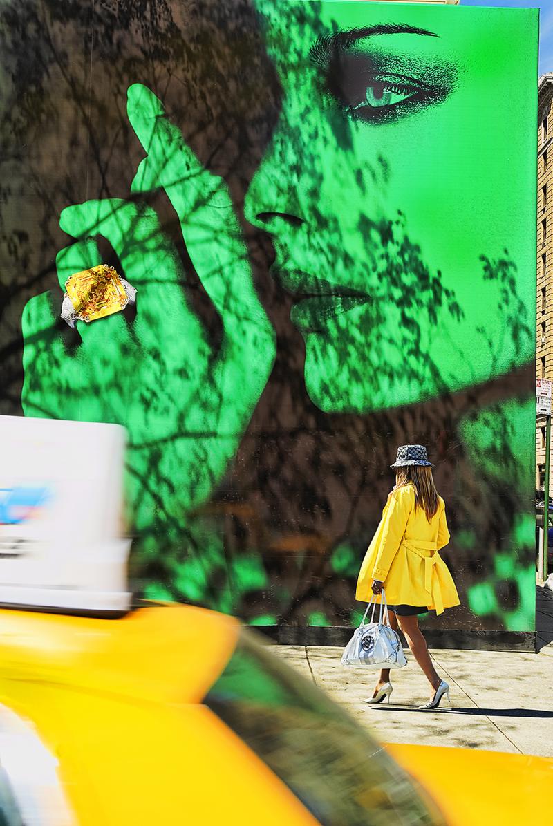 Mitchell Funk Fashion Model In Green Street Photography of Abstract Wall Women Yellow Coat