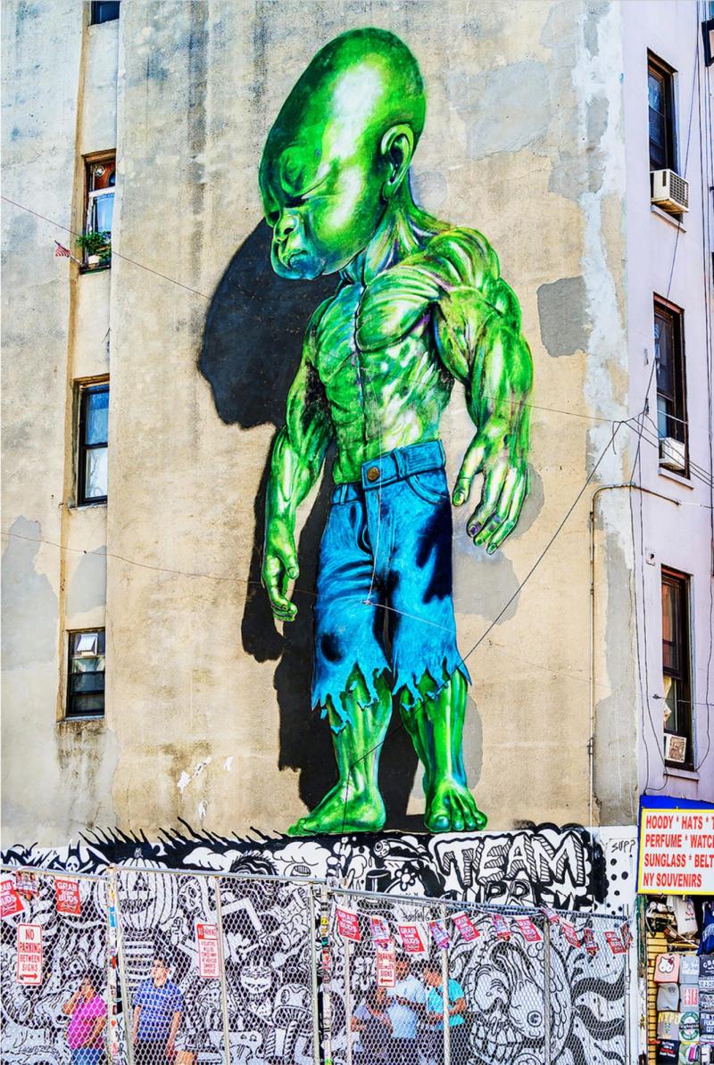 Mitchell Funk Graffiti Wall with Little Green Man Urban Art Sci fi