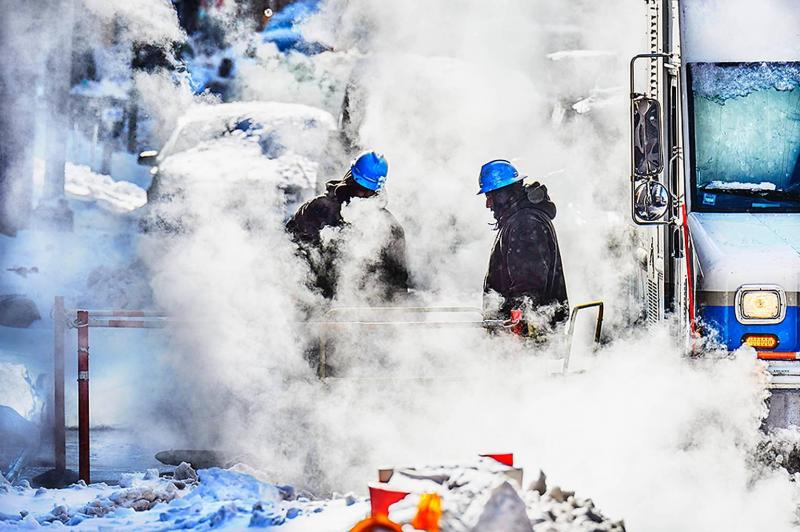 Mitchell Funk Hard Hats in Street Smoke New York