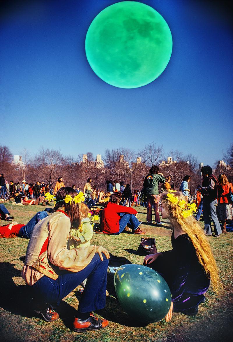 Mitchell Funk Hippies in Central Park with Oversized Psychedelic Moon