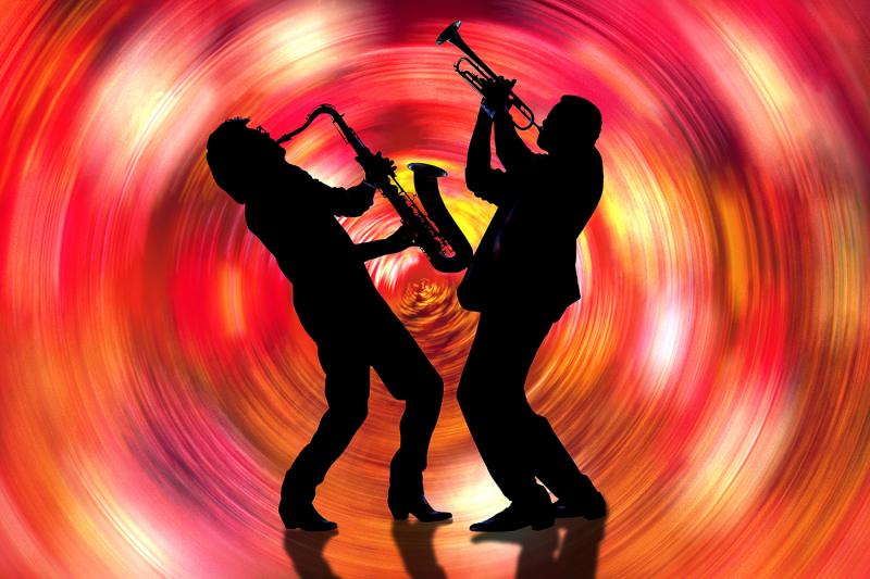 Mitchell Funk Jazz Musicians Saxophone and Trumpet Vibe in Red Swirl Music is Color