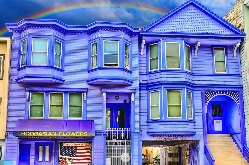 Mitchell Funk Joyful San Francisco Victorian in Purple with Rainbow like Gay Flag