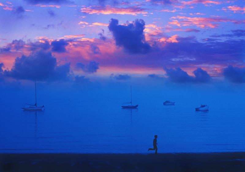 Mitchell Funk Magenta Sky at Dusk Serene Sky in Blue and Magenta Running Man and Boats