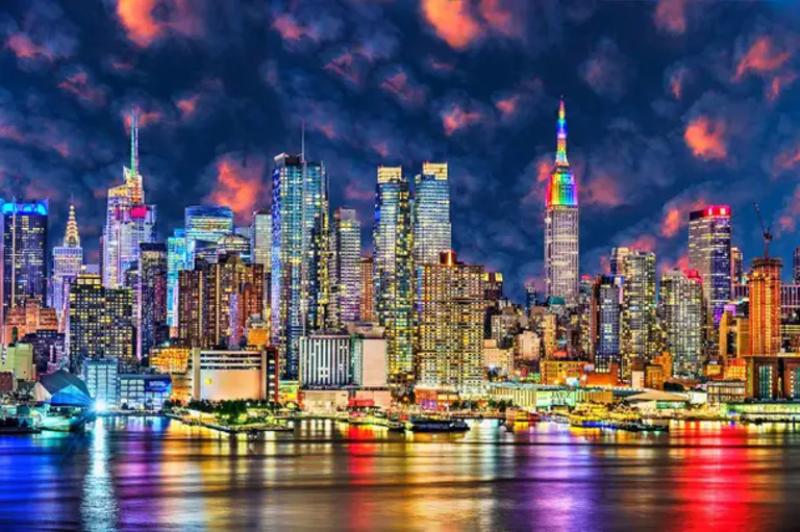 Mitchell Funk New York Skyline at Night with river reflection