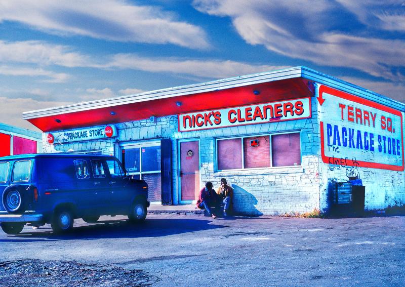 Mitchell Funk Retro Urban Street Photograph A Conversation in Blues and Reds