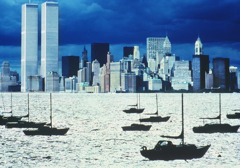 Mitchell Funk Sailboats in New York Harbor with Silver Water and Silver Light WTC