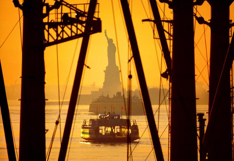 Mitchell Funk Statue of Liberty in New York Harbor at Sunrise Staten Island Ferry