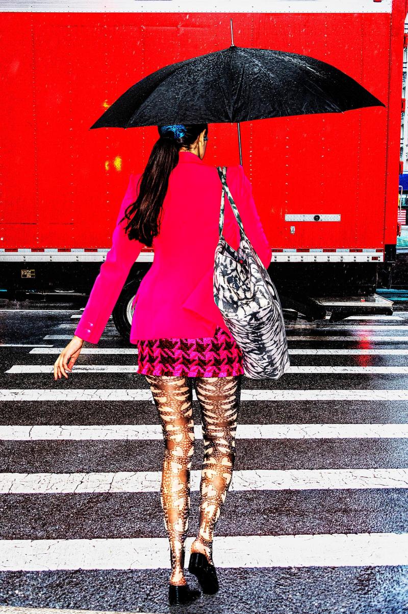 Mitchell Funk Street Fashionista in Pink Ensemble on New York City Rainy Day