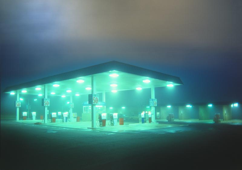 Mitchell Funk Surreal Gas Station on a Foggy Night with Green Lights Close Encounters