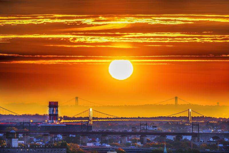 Mitchell Funk The Bridges of New York City at Sunset Vibrant Orange