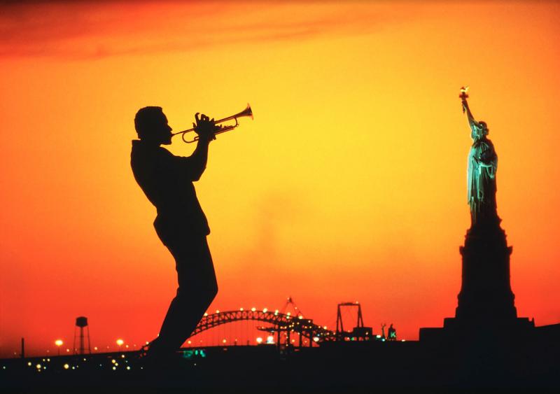 Mitchell Funk Trumpet Jazz Musician and Statue of Liberty