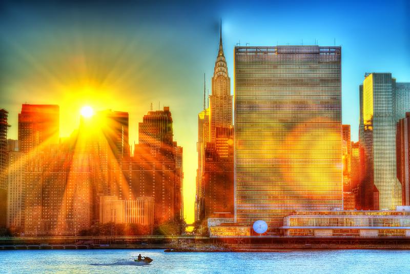 Mitchell Funk United Nations and Chrysler Building Wrapped in Divine Light with Jet Ski