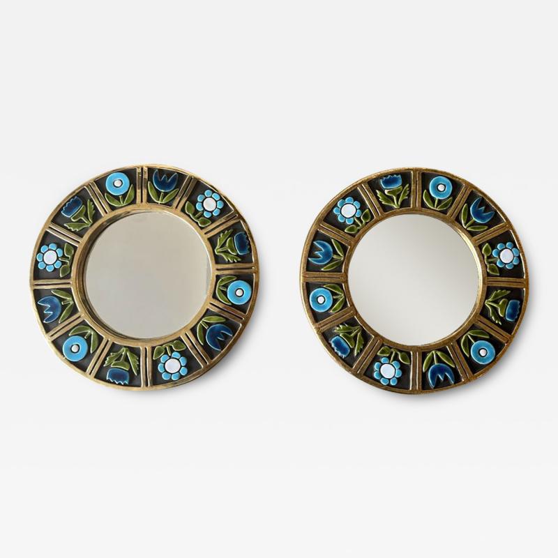 Mithe Espelt A Pair of Mithe Espelt Blue Flower Mirrors circa 1960