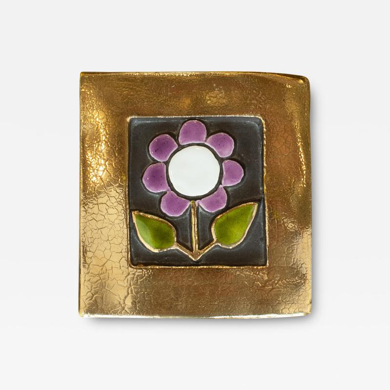 Mithe Espelt Mid Century Gold and Purple Ceramic Box with Flower by Mith Espelt