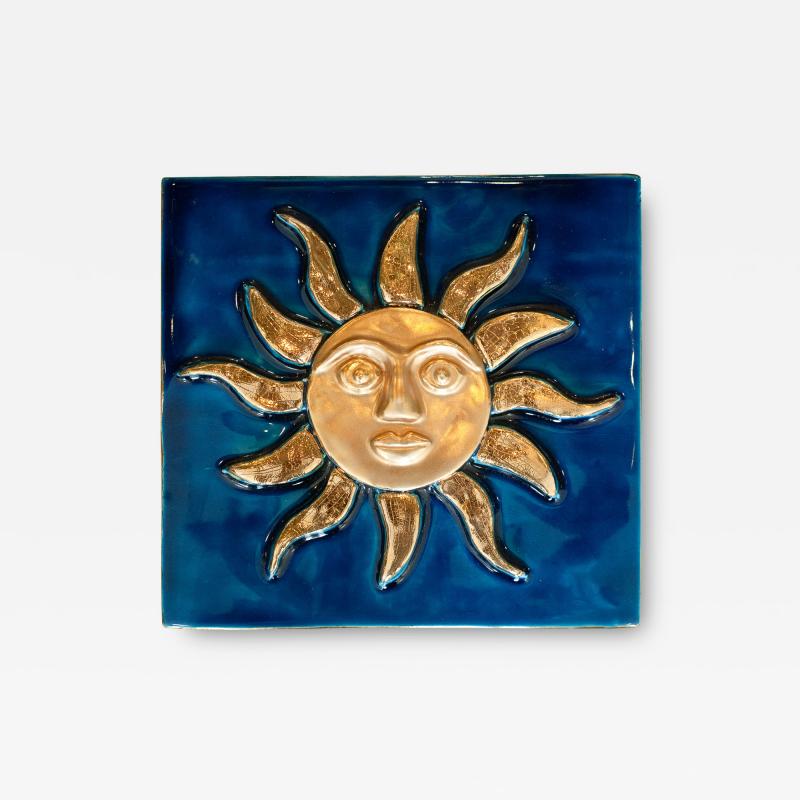 Mithe Espelt Mid Century Vivid Blue Ceramic Box with Golden Sun by Mith Espelt