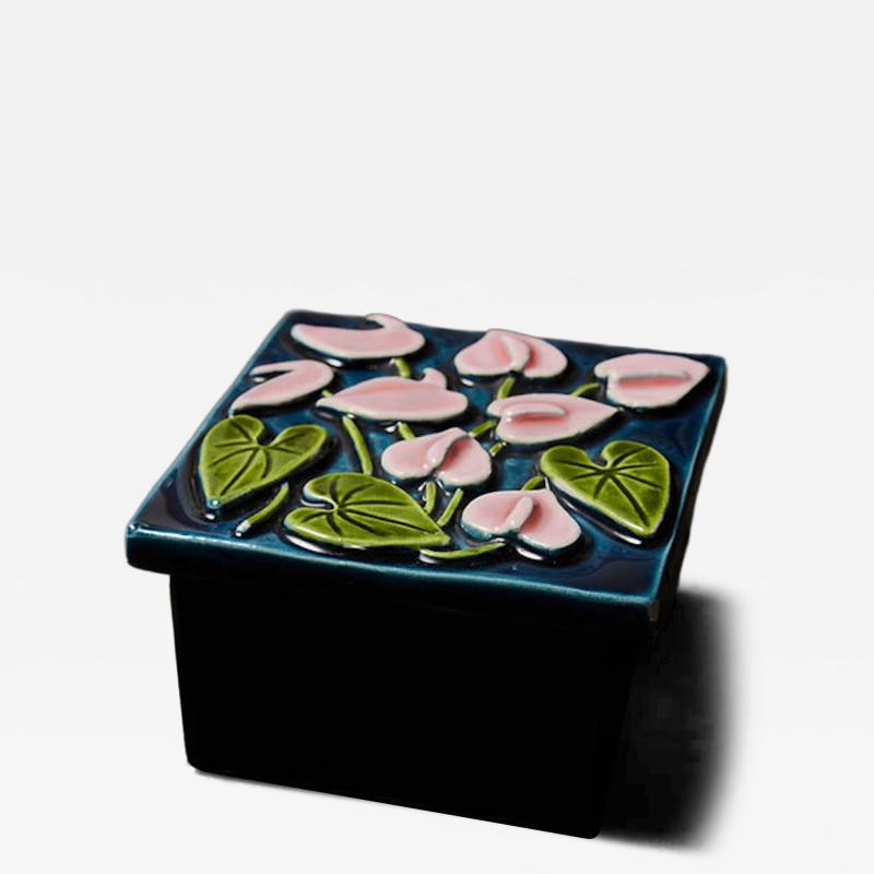 Mithe Espelt Mith Espelt Glazed Ceramic and Wood Box with Stylized Floral Motif