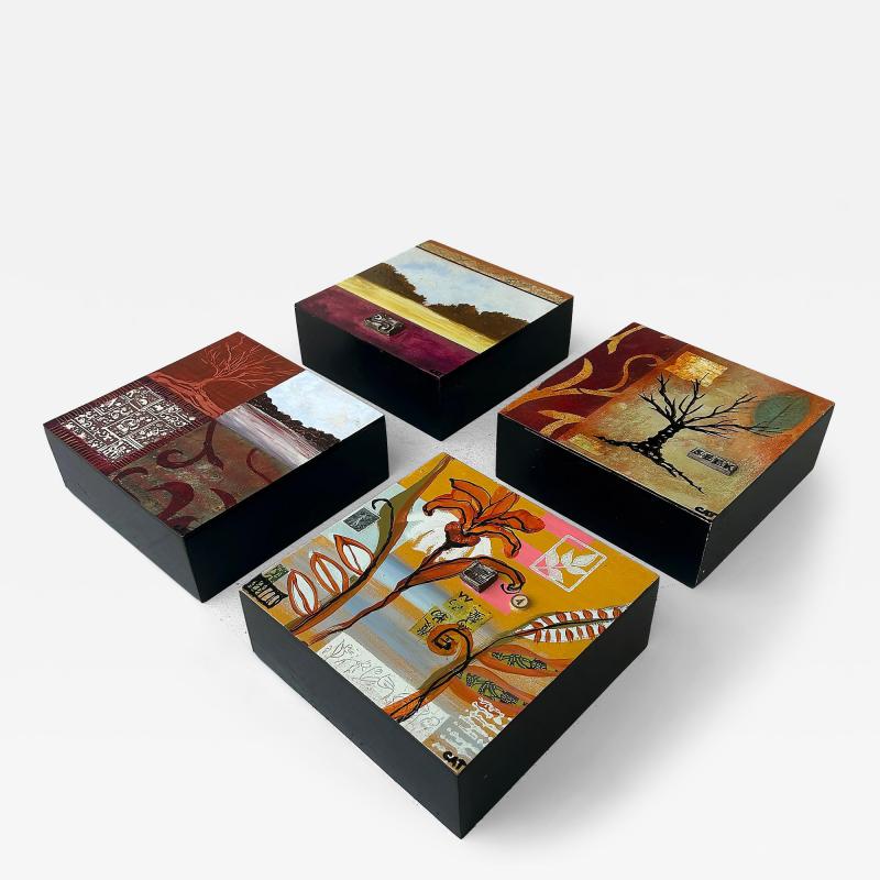 Mixed Media on Wood Block Paintings by Artist Cat Tesla Set of 4