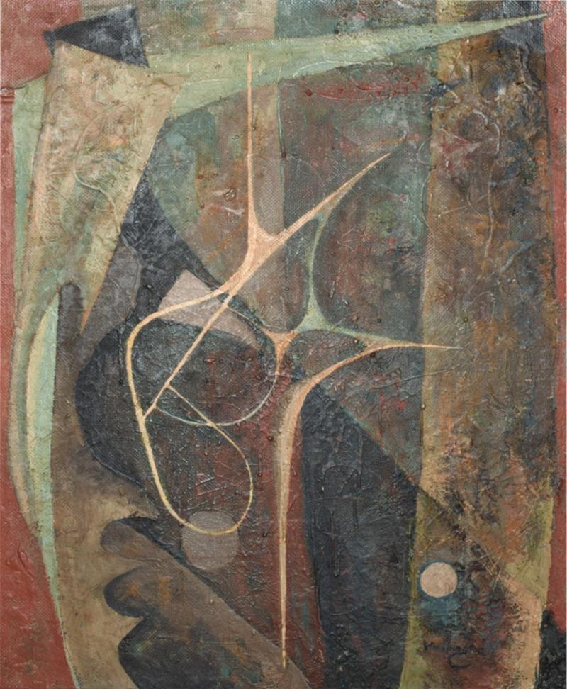 Modern Abstract Dark Mystery Oil Painting Masonite signed Worthington 1960s USA