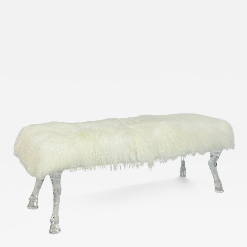 Modern Bench With Lucite Hooved Legs Mongolian Fur Upholstery
