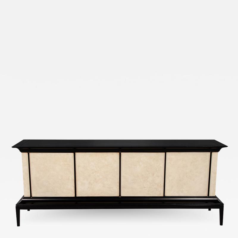 Modern Black Lacquered Sideboard Credenza with Faux Parchment Fronts