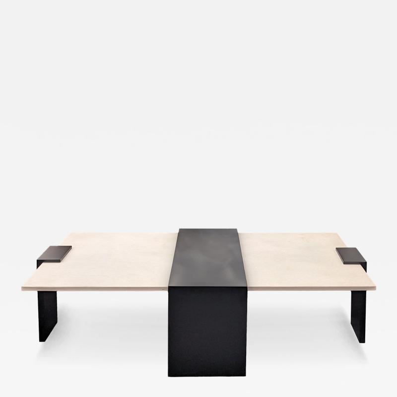 Modern Black Steel and Limestone Offset Cocktail Table