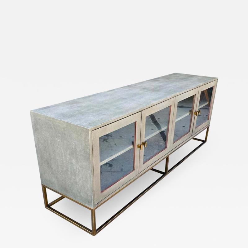 Modern Brass Tone Shagreen Media Sideboard Cabinet