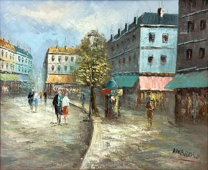 Modern Impressionist European City Street Oil on Canvas by Ambrose Signed