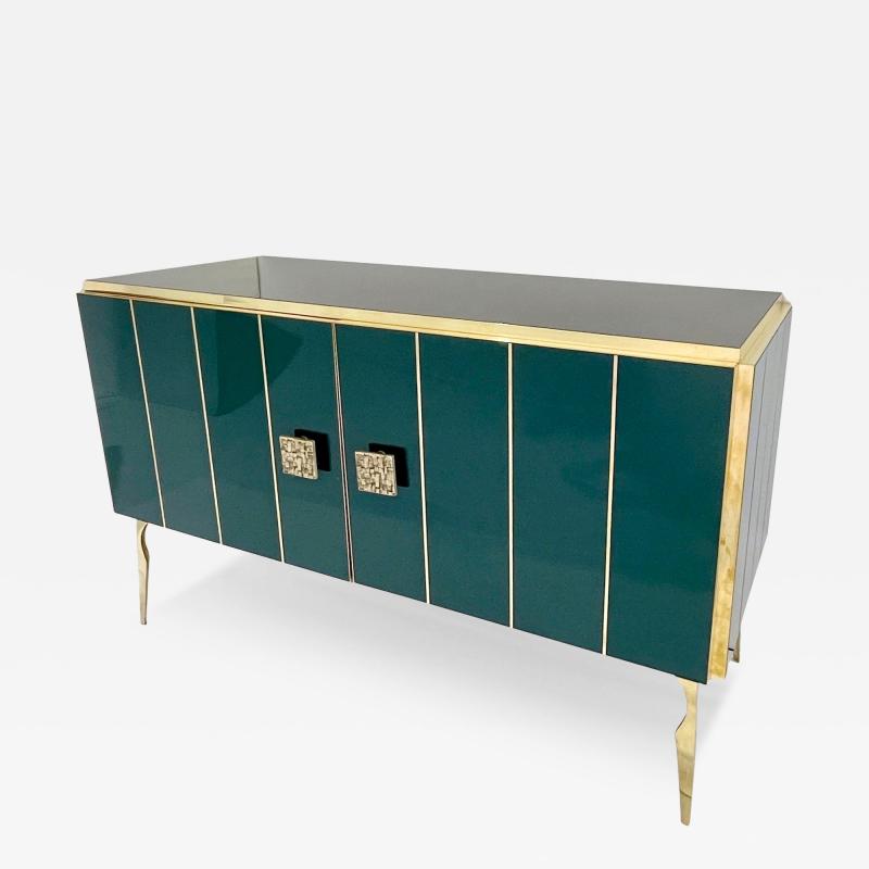 Modern Italian Custom Art Deco Style Hunter Green Black Glass Brass Cabinet Bar