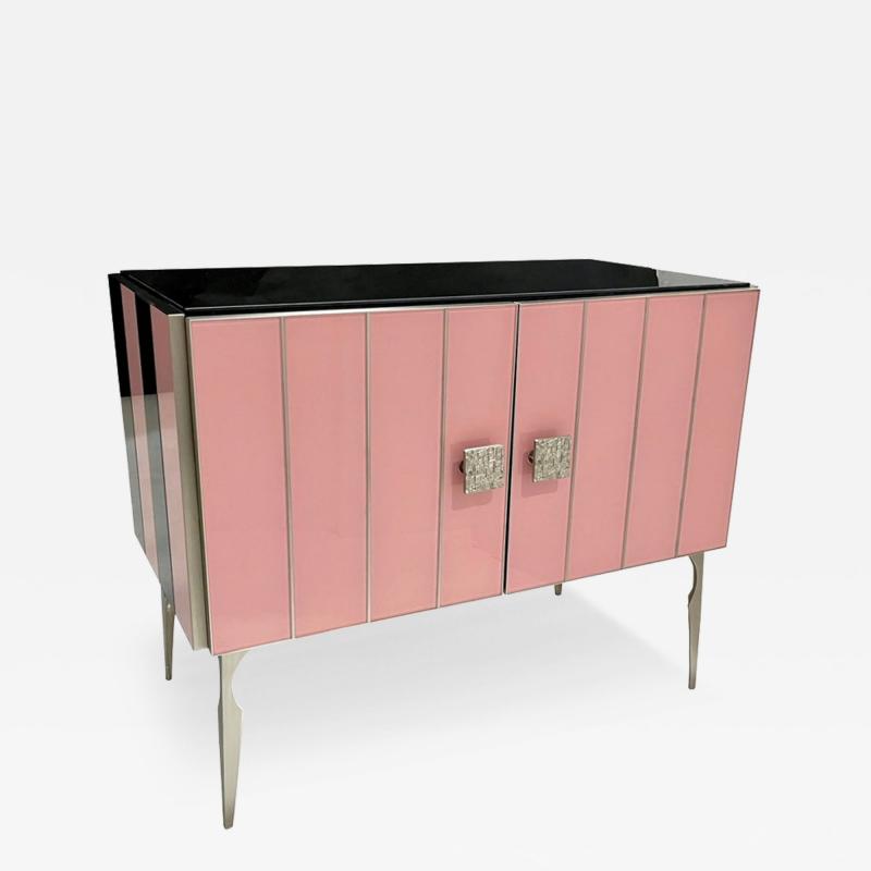 Modern Italian Custom Art Deco Style Pink Black Stripe Glass Brass Cabinet Bar