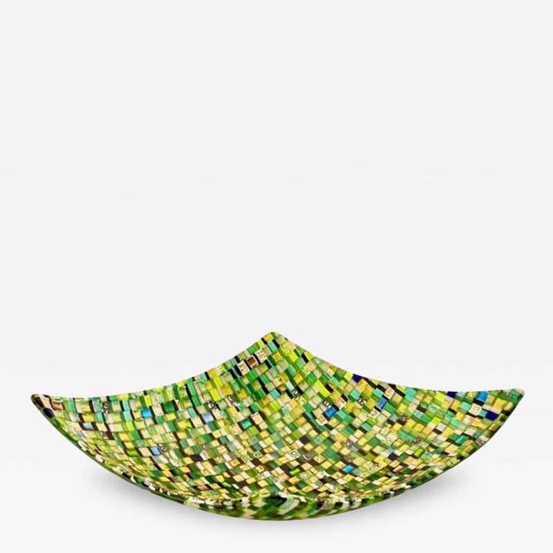 Modern Italian Jewel Like Green Yellow 24Kt Gold Murano Art Glass Mosaic Bowl