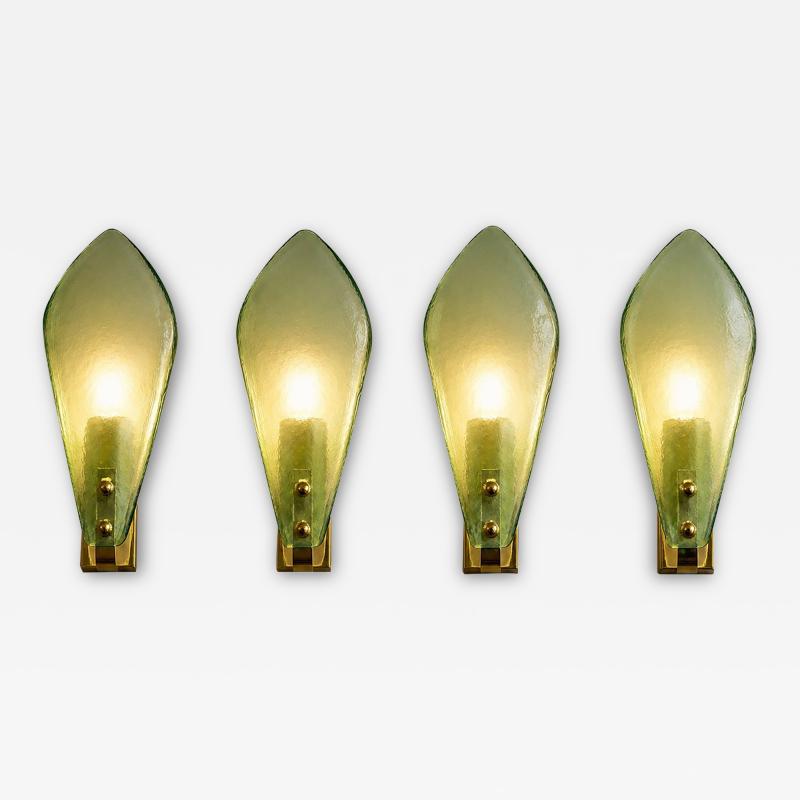 Modern Italian Sanded Green Leaf Murano Glass Wall Sconces 4 Piece Set
