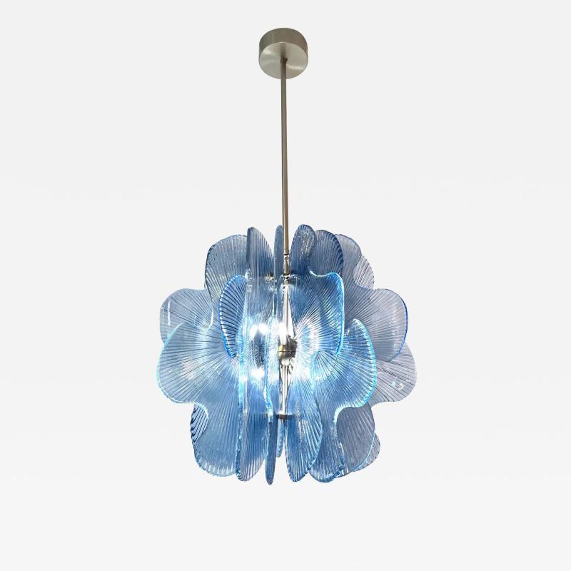 Modern Italian Wavy Blue Textured Murano Glass Satin Nickel Pendant Chandelier