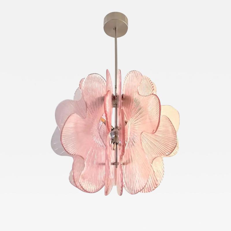 Modern Italian Wavy Pink Textured Murano Glass Satin Nickel Pendant Chandelier