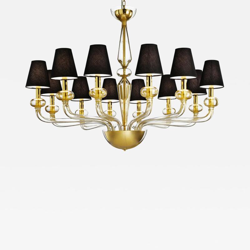 Modern Linear Transparent and Gold Leaf Murano Glass Chandelier