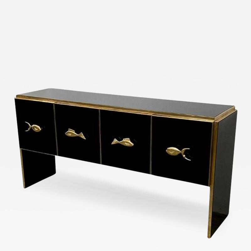 Modern Midcentury Style Black Glass and Brass Sideboard or Credenza