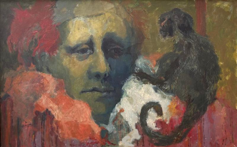 Modern Original Feinberg Oil Painting of Man and His Monkey