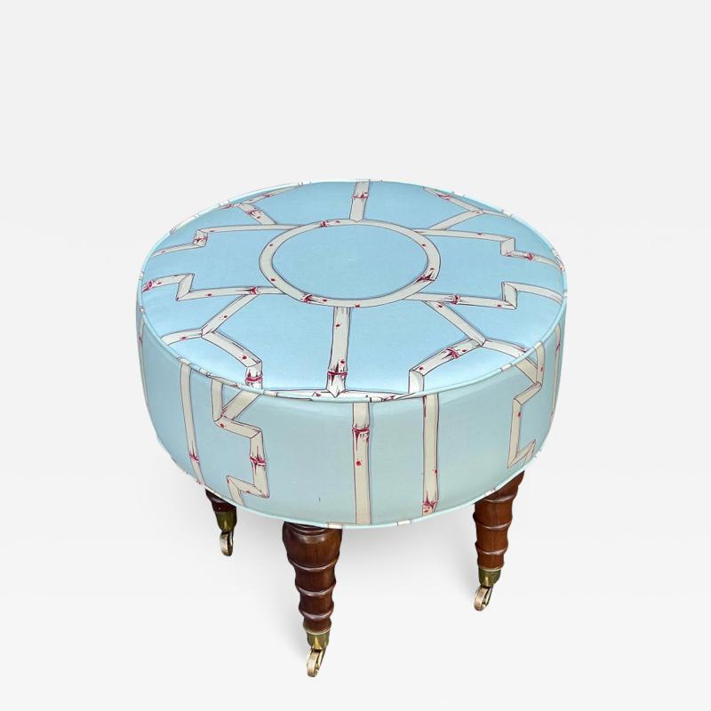 Modern Round Footstool Ottoman in Scalamandre Baldwin Bamboo Fabric