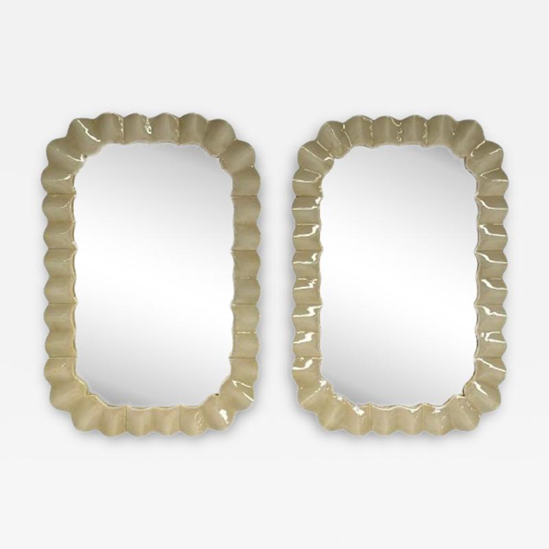Modern Ruffle Wall Mirrors White Murano Glass Brass Italy 21st c 