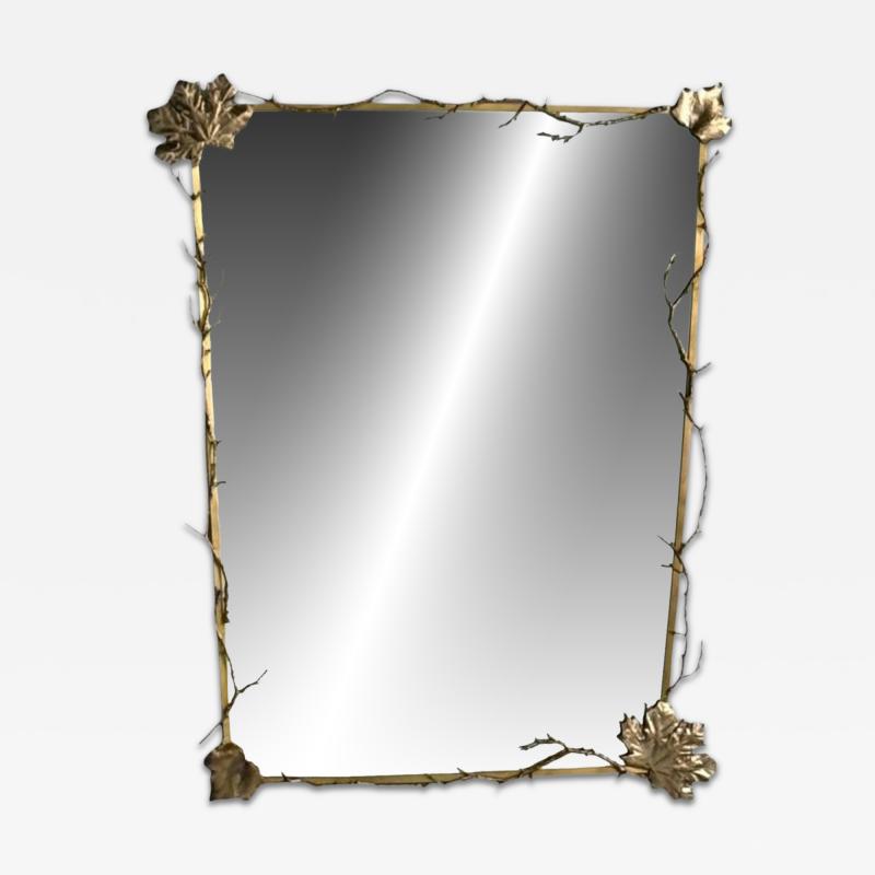 Modern Trapezoidal Bronze Wall Mirror Branch and Leaf Motif France 21st C 