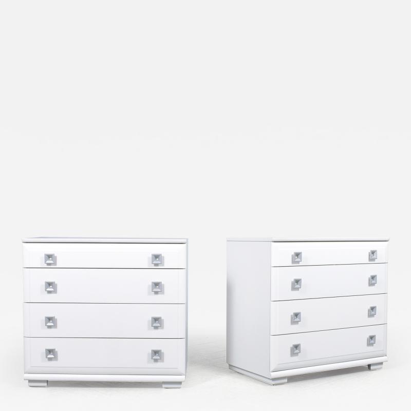 Modern White Lacquered Oak Dressers Pair with Intricate Handles Mid Century