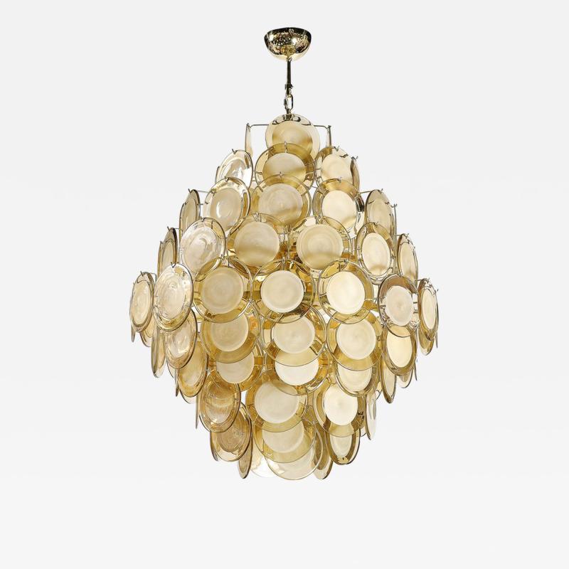 Modernist 10 Tier Handblown Topaz Murano Glass Disc Chandelier w Brass Fittings