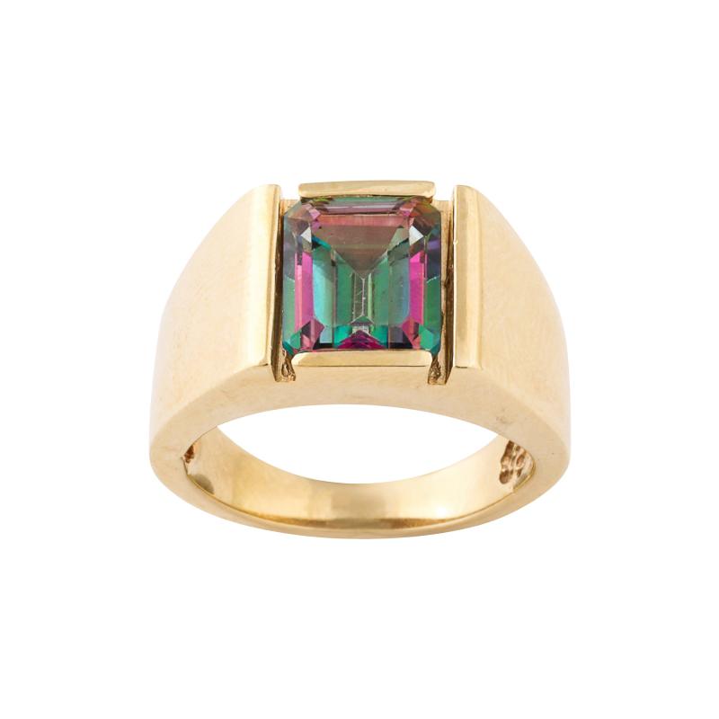Modernist 14K Gold Ring with Emerald Cut Mystic Topaz