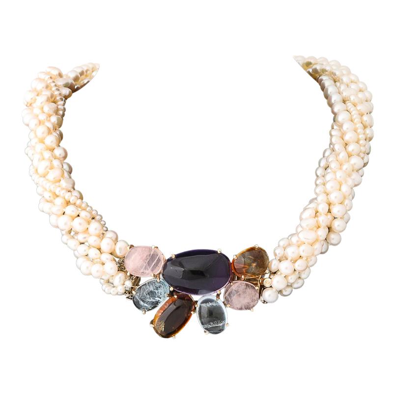 Modernist 14k Gold Cultured Pearl Necklace w Cabochon Gems signed Willis