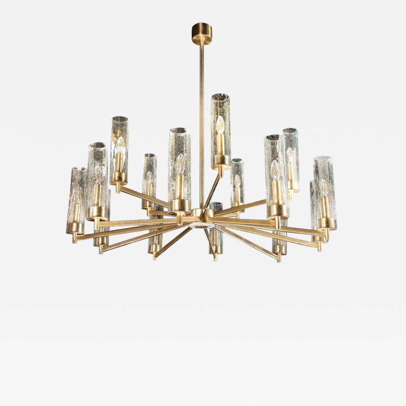 Modernist 15 Arm Chandelier in Brushed Brass Transparent Cylindrical Shades